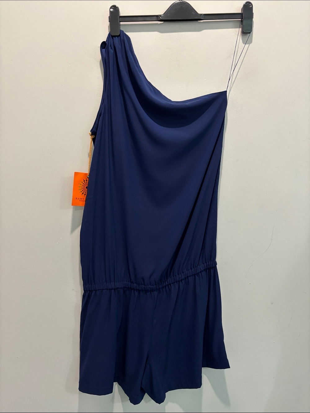 Ramy Brook Navy Silk One-Shoulder Romper NWT Size L Asymmetrical Draped Chic - Picture 9 of 14